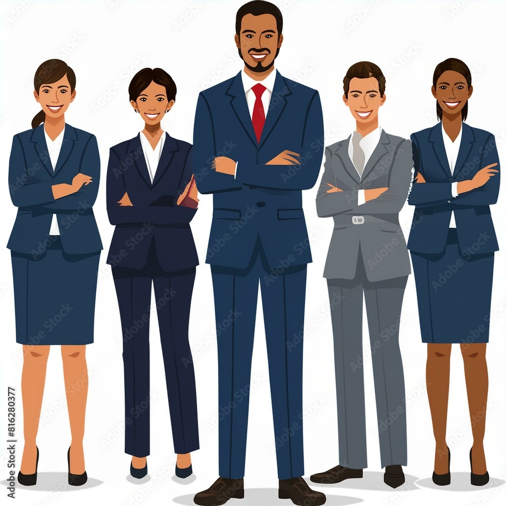 A diverse group of business team members, including a businesswoman, standing next to each other. A diverse group of business team members, including a businesswoman, standing next to each other.