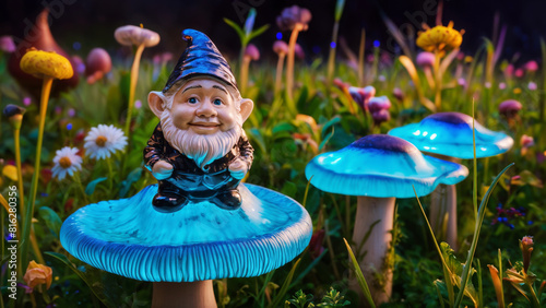 Adorable sculpted ceramic garden Gnome ornament sitting on a bioluminescent glowing blue mushroom, friendly smile and chubby short stature with white beard, big ears and wearing red hat.  photo