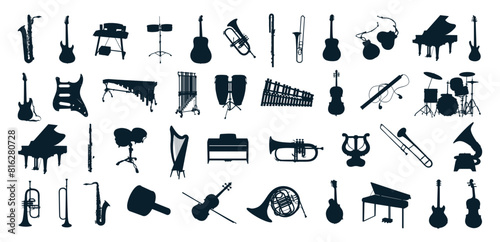 Big collection of Musical instruments silhouette.