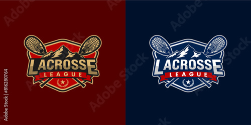 The lacrosse emblem logo vector illustration features a mountain and sticks.