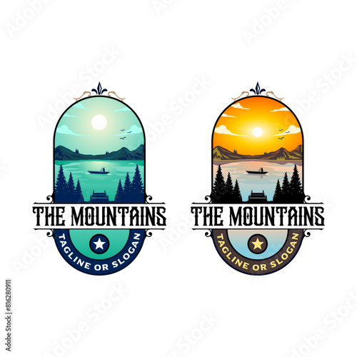 The vintage logo of a lake, mountains with a beautiful sunset sky and dock.