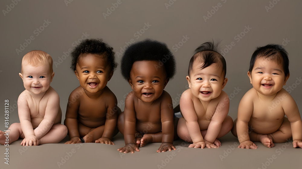 Row of six multi ethnic Babies smiling in studio : Generative AI Row of six multi ethnic Babies smiling in studio : Generative AI