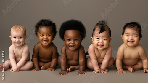 Row of six multi ethnic Babies smiling in studio : Generative AI