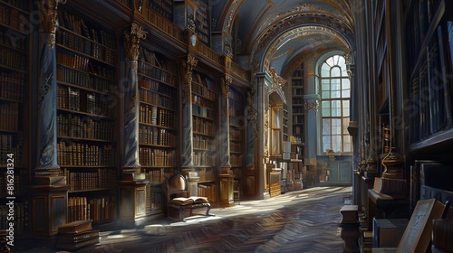 A majestic depiction of an old library in classical realism style  with rows of ancient books and a lone reader immersed in study  Close up