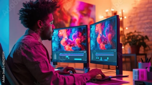 A creative professional is deeply focused on editing visual media on a computer, surrounded by a vibrant and artistic workspace. AIG41