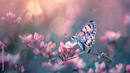 Butterfly Melanargia galathea resting on a pink flower in its environment with a blurred background photo