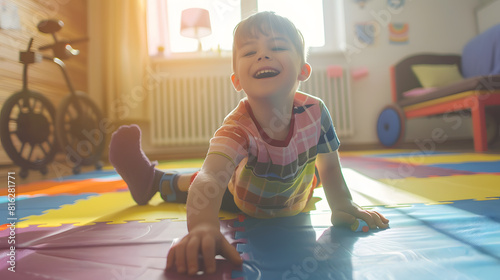 Child with cerebral palsy disability playing on mat having fun Kid having physical and mental disorder sensory games and therapy at home on the floor Handicap boy with limitations Copy : Generative AI