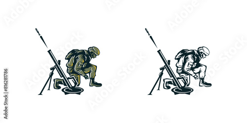 A vector illustration depicting a soldier firing a mortar shot.