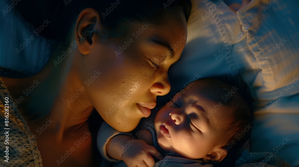 Closeup of mother cuddling with her newborn baby in their bad : Generative AI Closeup of mother cuddling with her newborn baby in their bad : Generative AI