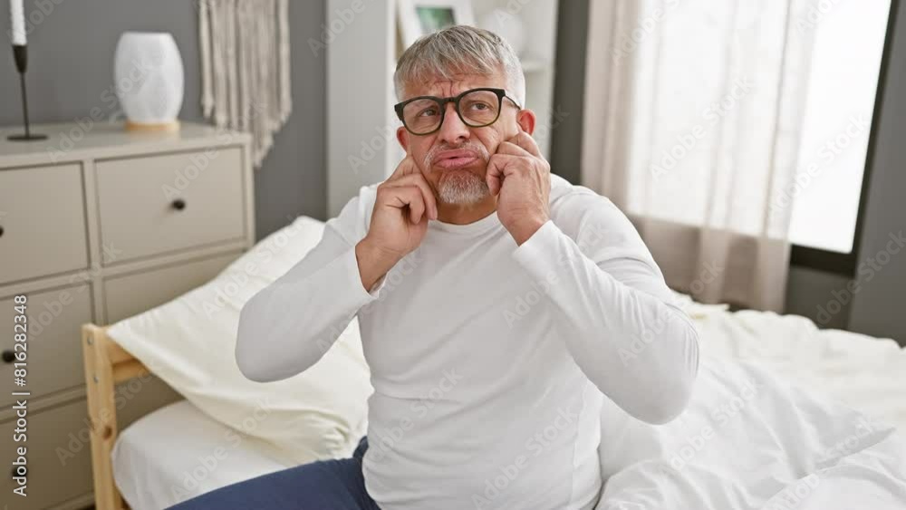 Annoyed middle age, grey-haired man in pyjamas covering ears with fingers in bedroom due to loud noise. stressed senior reaching for silence - life problem. deaf concept. Annoyed middle age, grey-haired man in pyjamas covering ears with fingers in bedroom due to loud noise. stressed senior reaching for silence - life problem. deaf concept.