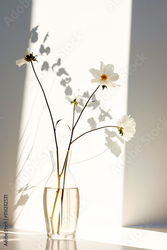 A white ceramic vase sits atop a wooden table  filled with fresh white flowers. The delicate petals contrast beautifully against the dark wood table  creating a simple yet elegant display.