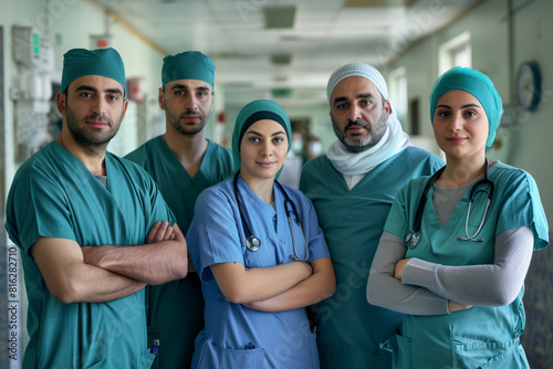 Photography of algerian team of professional workers in a hospital.	