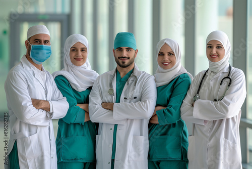 Photography of egyptian team of professional workers in a hospital.	