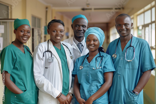 Photography of kenyan team of professional workers in a hospital.	