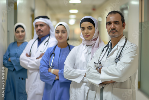 Photography of kuwaiti team of professional workers in a hospital. 