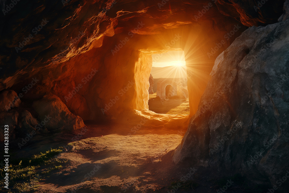 light in the cave, Resurrection Scene: Empty Tomb with Bursting Light Rays, ancient times, Easter Morning: Empty Tomb with Radiant Light Breaking Through