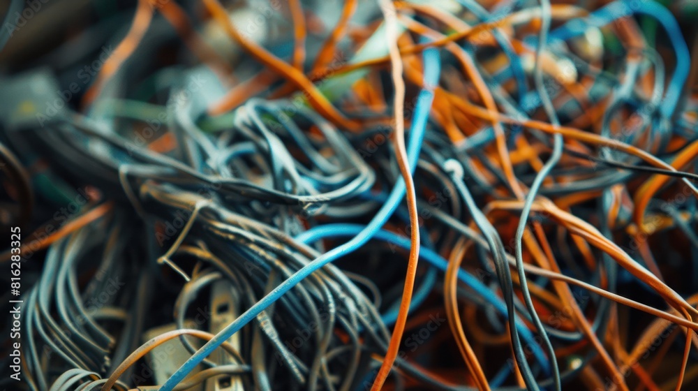Close-up of tangled wires in a messy pile Close-up of tangled wires in a messy pile