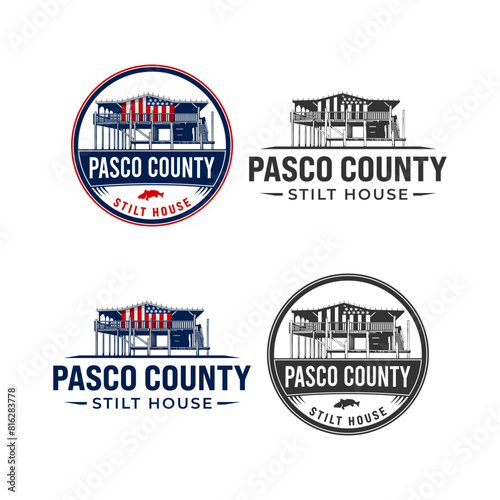 Pasco County stilt house vector illustration bundling set logo. Detailed and easily adaptable to black and white color mode.