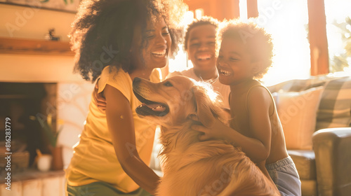 Portrait of smiling beautiful African American family mother daughter and son playing dancing with golden retriever at home in living room Children having fun Happy childhood concept : Generative AI photo