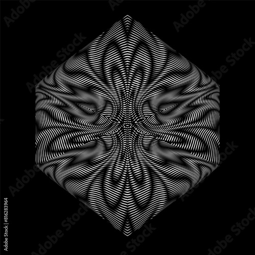Geometric symmetrical abstract vector shape with wavy moire grid texture on black background. Metaverse concept background for wall art, panel, poster, web banner, mobile apps, interior decor. 