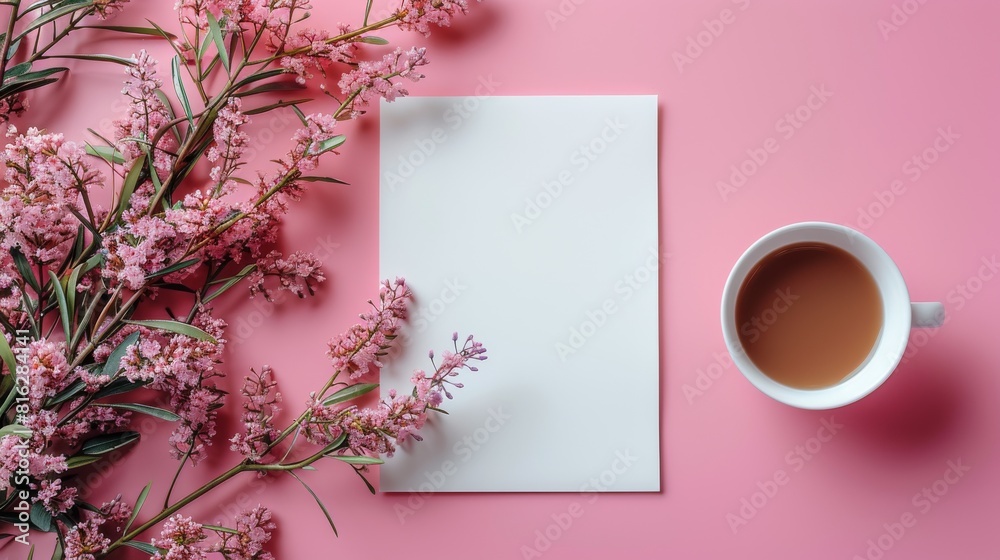 An elegant composition featuring a cup of tea, a blank notebook, and scattered cherry blossoms on a soft pink background, evoking a sense of springtime serenity and creative inspiration. An elegant composition featuring a cup of tea, a blank notebook, and scattered cherry blossoms on a soft pink background, evoking a sense of springtime serenity and creative inspiration.