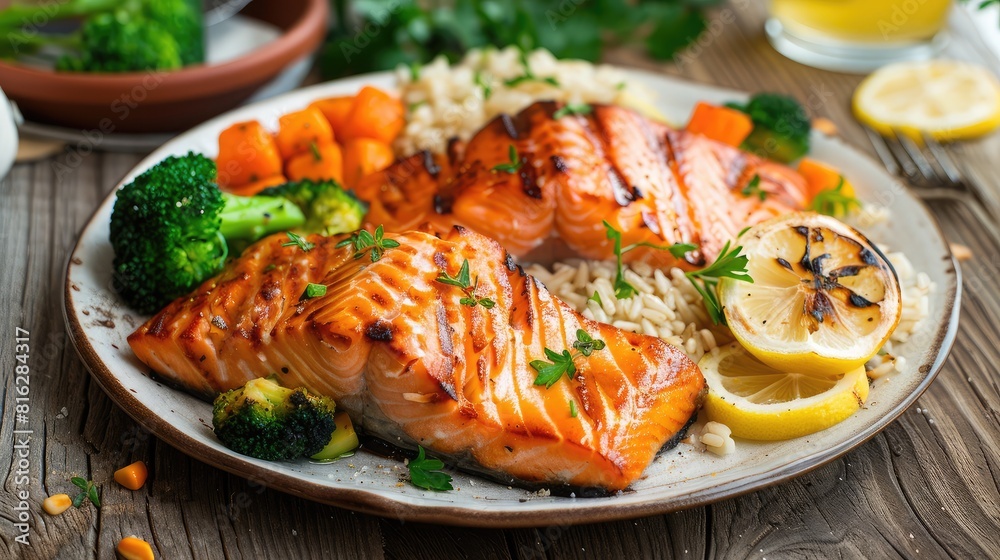 plate of grilled salmon served with a side of steamed vegetables and brown rice, garnished with lemon slices, on a rustic table. plate of grilled salmon served with a side of steamed vegetables and brown rice, garnished with lemon slices, on a rustic table.
