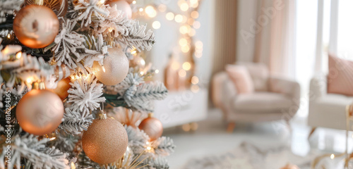 luxurious rose gold christmas tree with soft coral peach decorations photo
