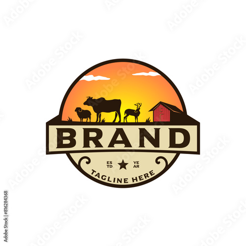 The Texas Ranch logo vector celebrates the untamed essence of the Lone Star State. Featuring a cow, sheep and deer silhouette against  a warm sunset, it embodies the spirit of the West