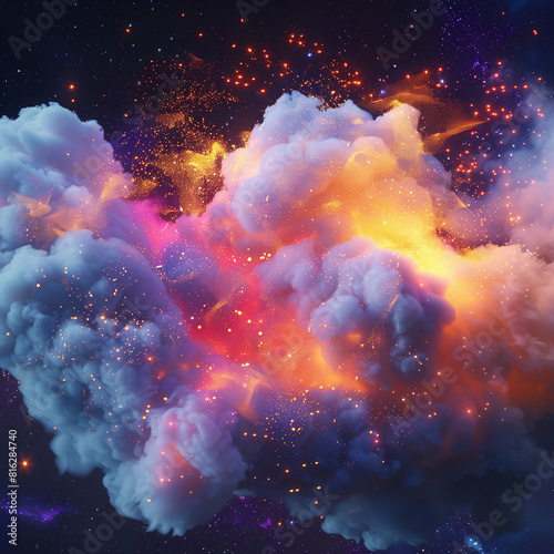 16k, 3d cloud explosion multicolored, bright, vivid, alive, 3d with flickering lights sparks, abstract background with explosion