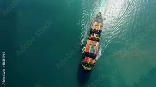 Aerial view of cargo carrying full container for logistic transportation, large ship in ocean freight shipping, and business commerce maritime. 