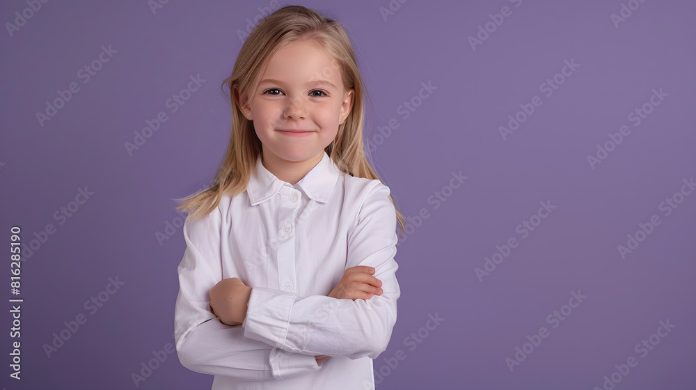 Full length little fun smiling happy blonde kid girl 1213 years old in white shirt hold hands crossed folded isolated on purple color background children studio portrait Childhood life : Generative AI