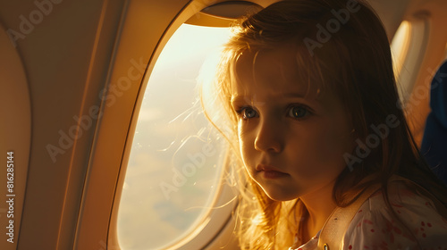 Adorable little girl traveling by an airplane Child sitting by aircraft window and looking outside Traveling with kids abroad Family on summer vacations : Generative AI photo