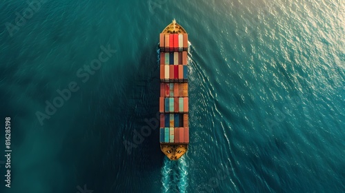 Aerial view of cargo carrying full container for logistic transportation, large ship in ocean freight shipping, and business commerce maritime. 