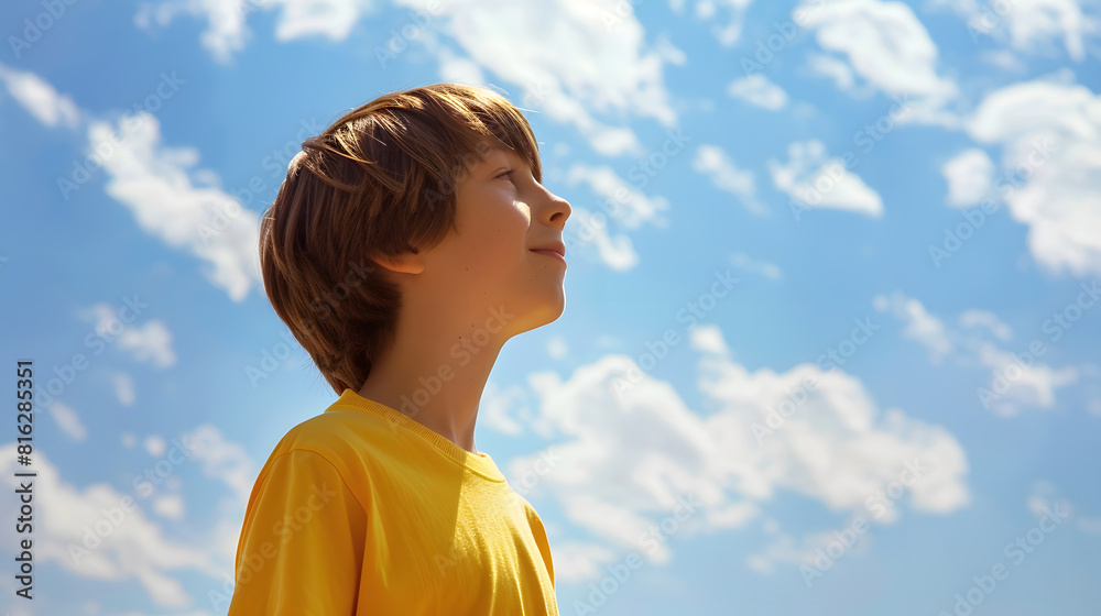 Child standing in profile blue sky with clouds on background Boy 8 years old brunette smiling face Kid in yellow Tshirt Concept of children growing up peace look dreams children Sunny : Generative AI Child standing in profile blue sky with clouds on background Boy 8 years old brunette smiling face Kid in yellow Tshirt Concept of children growing up peace look dreams children Sunny : Generative AI