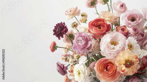 Flowers in a vase close up against a white background