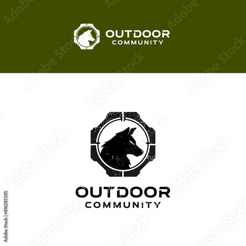 A unique vector logo merging a wolf and crosshair, symbolizing hunting and outdoor pursuits. It embodies precision, strength, and a love for nature.