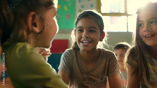 Happy kids and teacher at school Woman and children are talking in the class : Generative AI