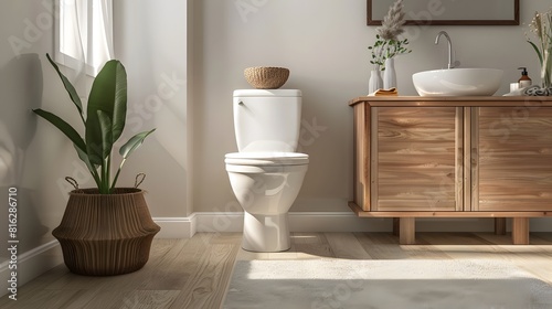 Bathroom interior with toilet in cozy and modern style  ceramic toilet bowl and wooden furniture  minimal decoration.