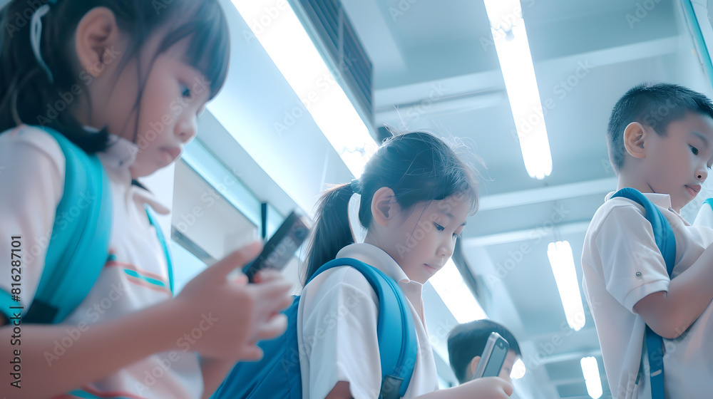Group of kids busy using mobile phone at school corridor concept of socil media smartphone technology and gaming addiction : Generative AI Group of kids busy using mobile phone at school corridor concept of socil media smartphone technology and gaming addiction : Generative AI