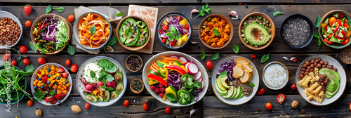 Savoring the Rainbow: An Array of Vibrant Vegan Dishes on a Rustic Table