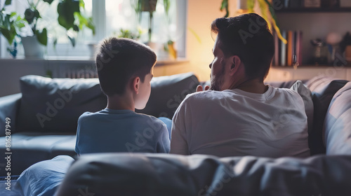 Back view of dad sit on couch with preschooler son talking sharing thoughts or problems loving father speak have conversation with little boy child support him showing care and underst : Generative AI photo