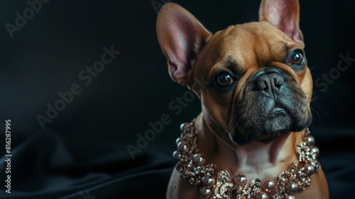 Belo cachorrinho com colar de joias de luxo em fundo de tecido de seda preto. Retrato de bulldog francês photo