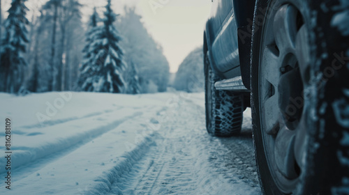 Estradas de inverno. Carro na estrada de neve. Closeup de pneus de inverno na estrada nevada com fundo de floresta