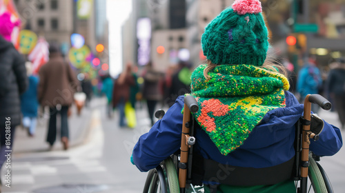Jovem em cadeira de rodas, usando um lenço verde tricotado à mão, assistindo ao desfile do Dia de São Patrício nas ruas da cidade photo