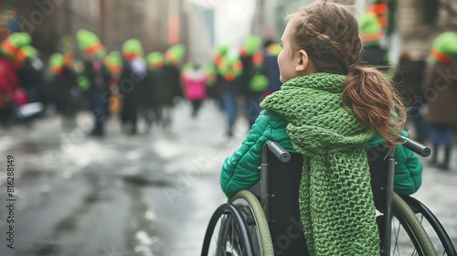Jovem em cadeira de rodas, usando um lenço verde tricotado à mão, assistindo ao desfile do Dia de São Patrício nas ruas da cidade photo