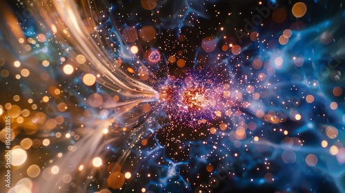 A particle decaying into multiple particles and then recombining into the original state demonstrating the reversible nature of particle processes. photo