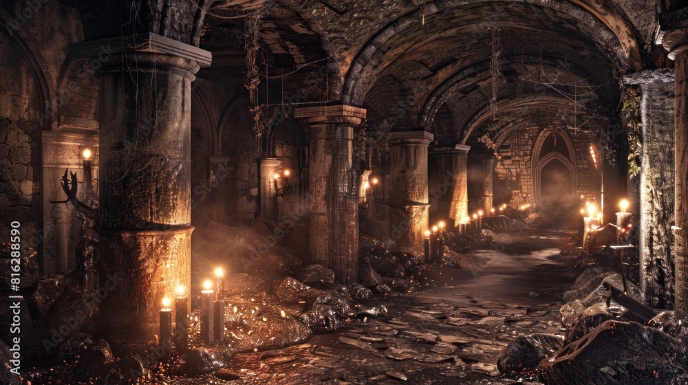 Mystical medieval catacombs with torches. Highly detailed 3d digital art style