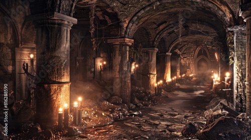 Mystical medieval catacombs with torches. Highly detailed 3d digital art style