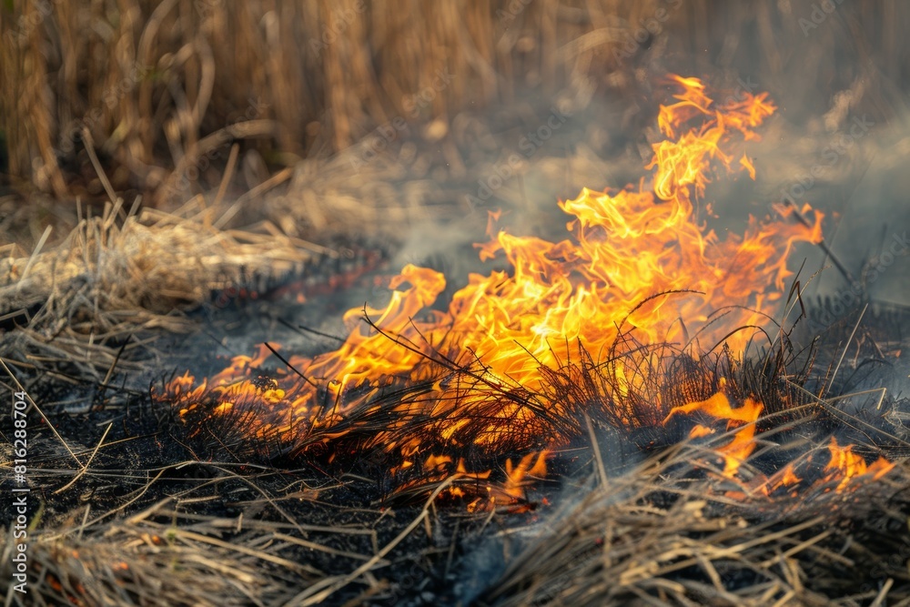 A field of dry grass is on fire, with flames reaching high into the air A field of dry grass is on fire, with flames reaching high into the air