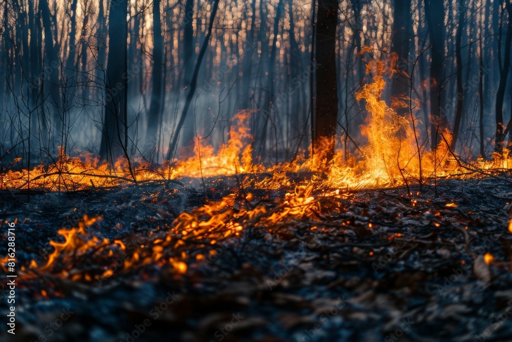 A forest fire is burning in the woods A forest fire is burning in the woods